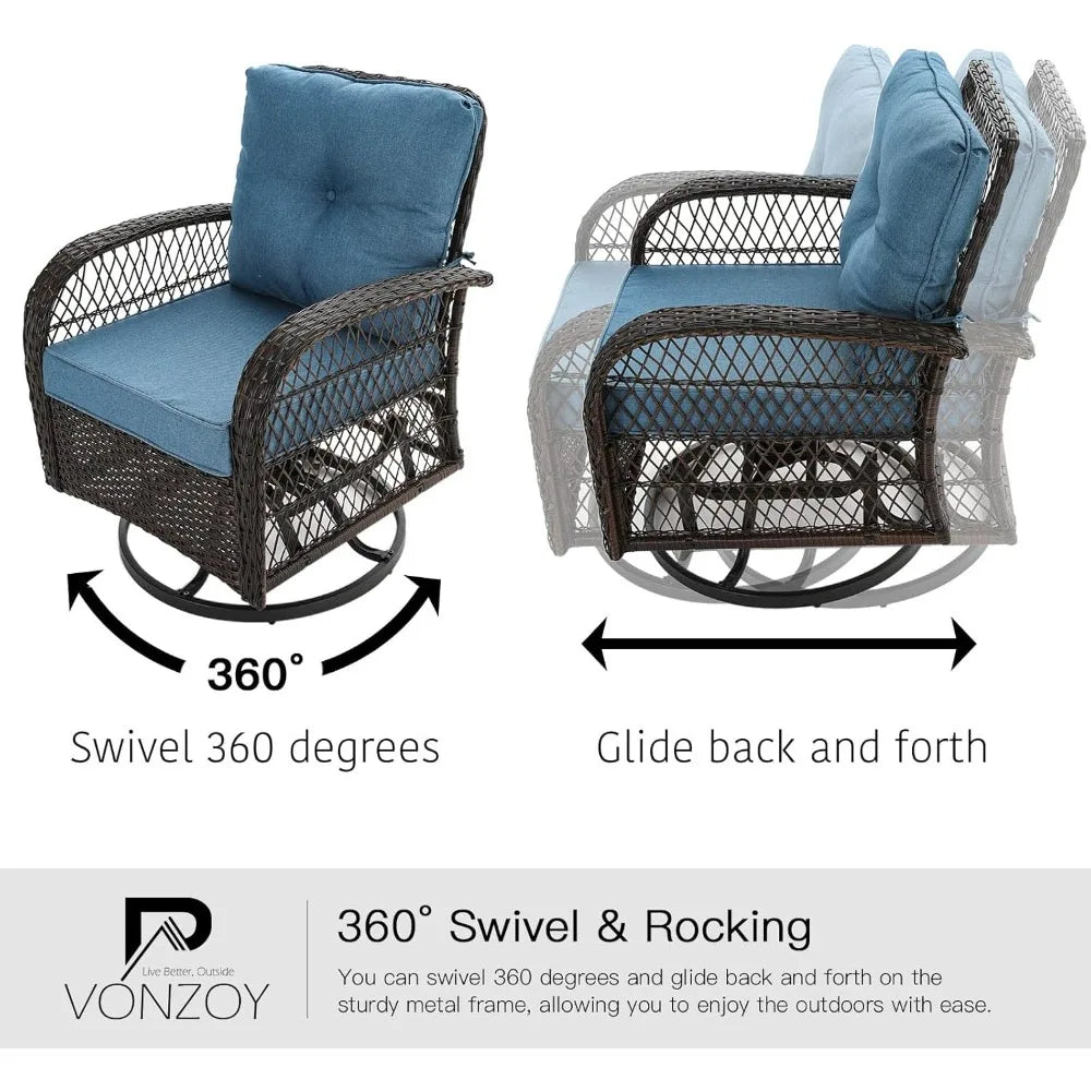 3 Pieces Patio Furniture Set, Outdoor Swivel Glider Rocker, Wicker Patio Bistro Set with Rocking Chair, Thickened Cushions and T