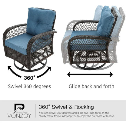3 Pieces Patio Furniture Set, Outdoor Swivel Glider Rocker, Wicker Patio Bistro Set with Rocking Chair, Thickened Cushions and T