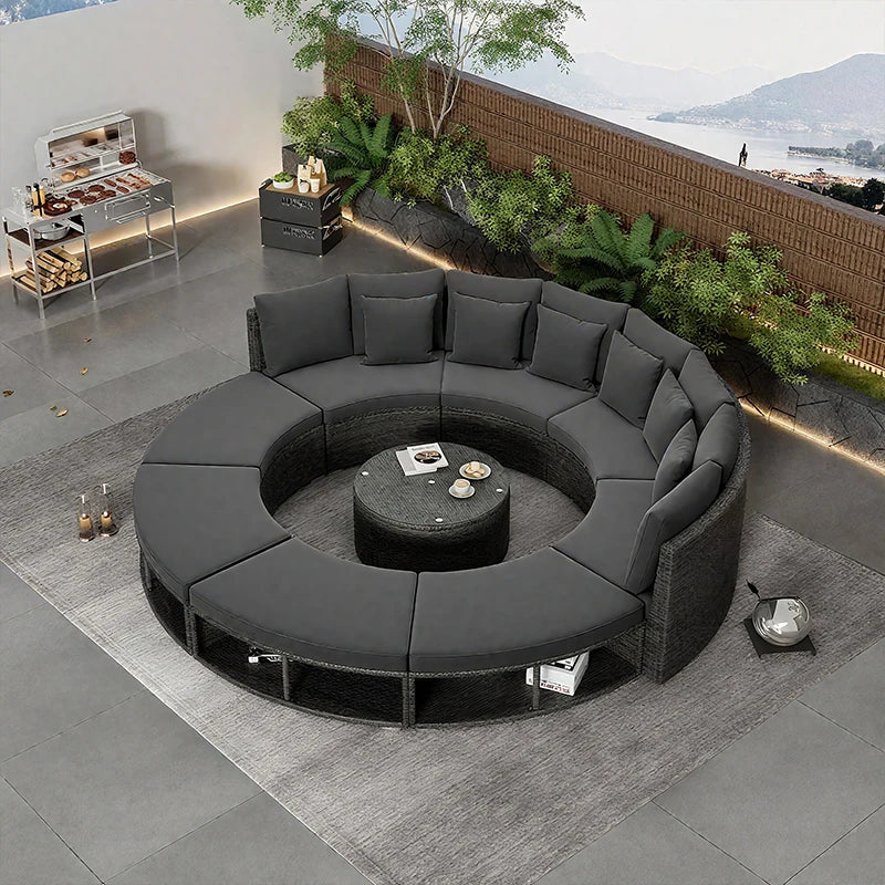 Outdoor Round Rattan Sofa Set Stay Garden Courtyard Curved Rattan Sofa Sectional for Home Outdoor Furniture Modern Patio Set