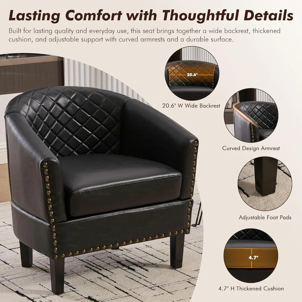 Barrel Chair Living Room Chair, Upholstered Sofa Club Chair with Nail-Heads and Solid Wood Legs for Bedroom, Offic