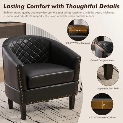 Barrel Chair Living Room Chair, Upholstered Sofa Club Chair with Nail-Heads and Solid Wood Legs for Bedroom, Offic