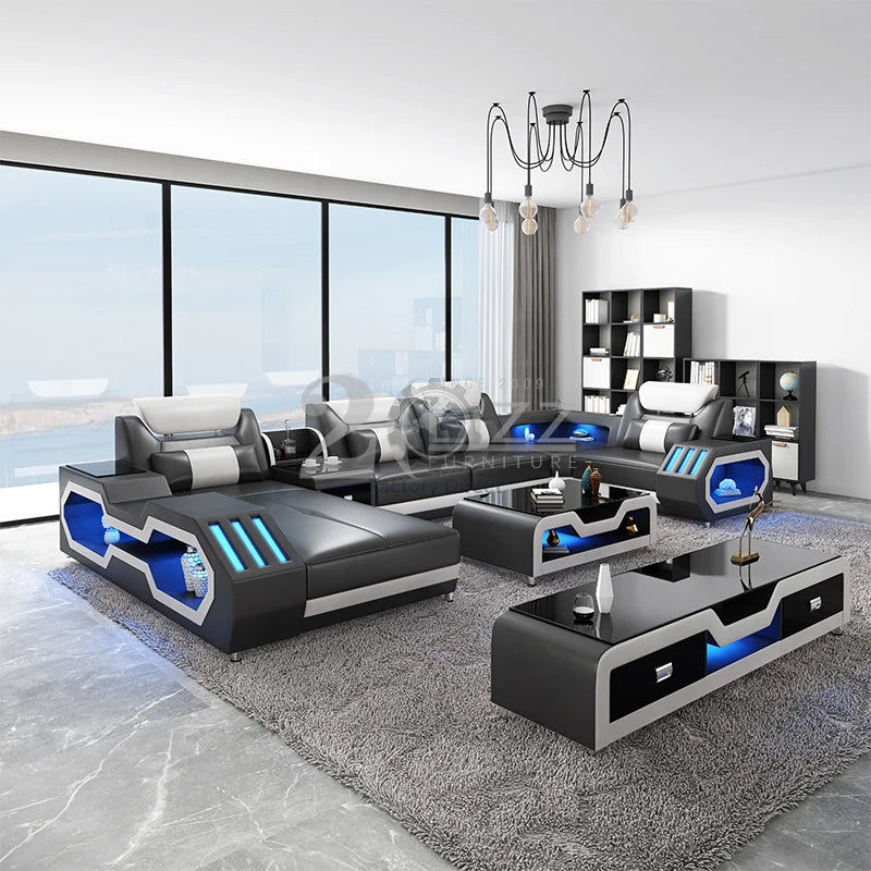 Modern Design Leather Couch Sectional Living Room Sofa Set Furniture with LED
