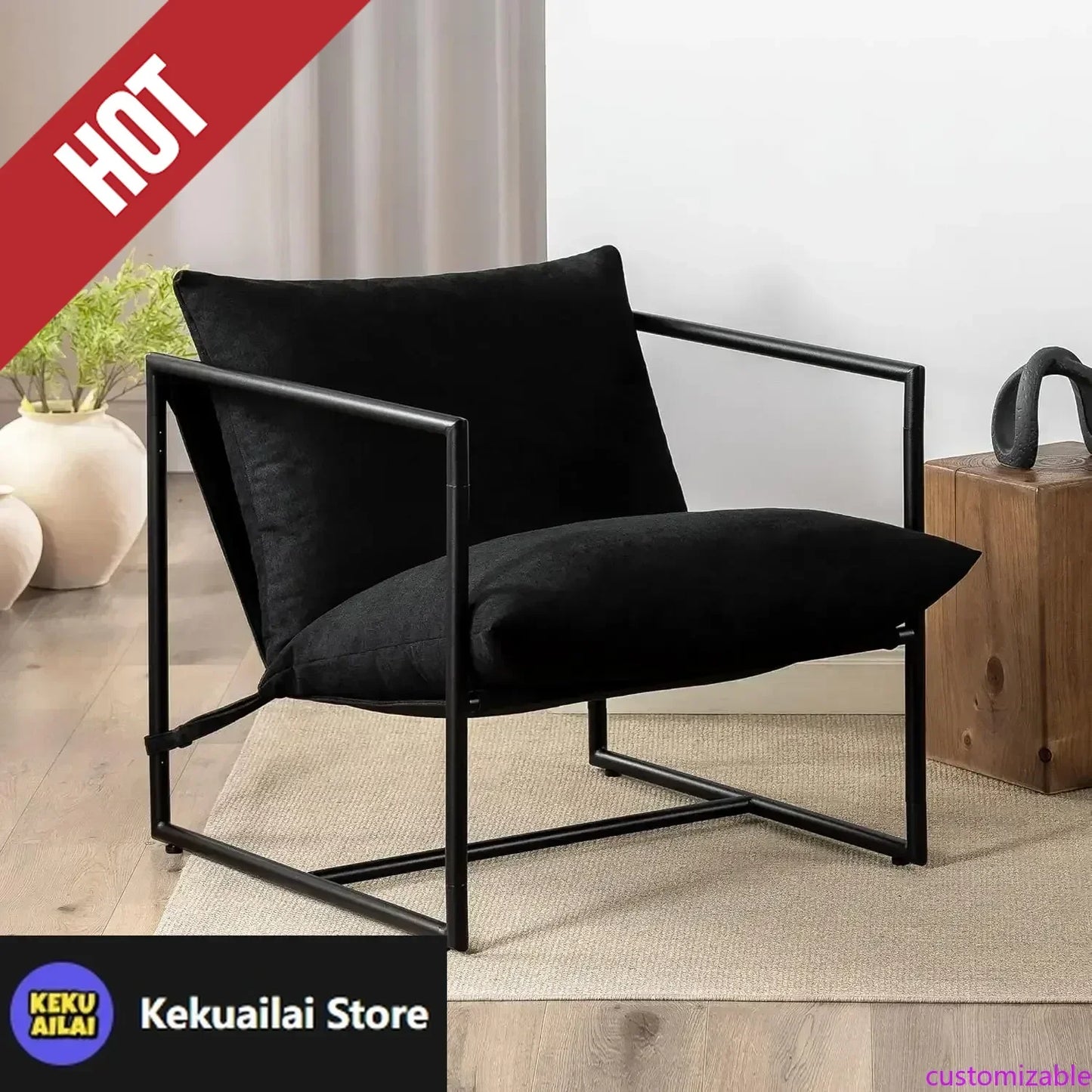 Customizable Aidan Sling Accent Chair, Metal Framed Armchair with Shredded Foam Cushioning, Black