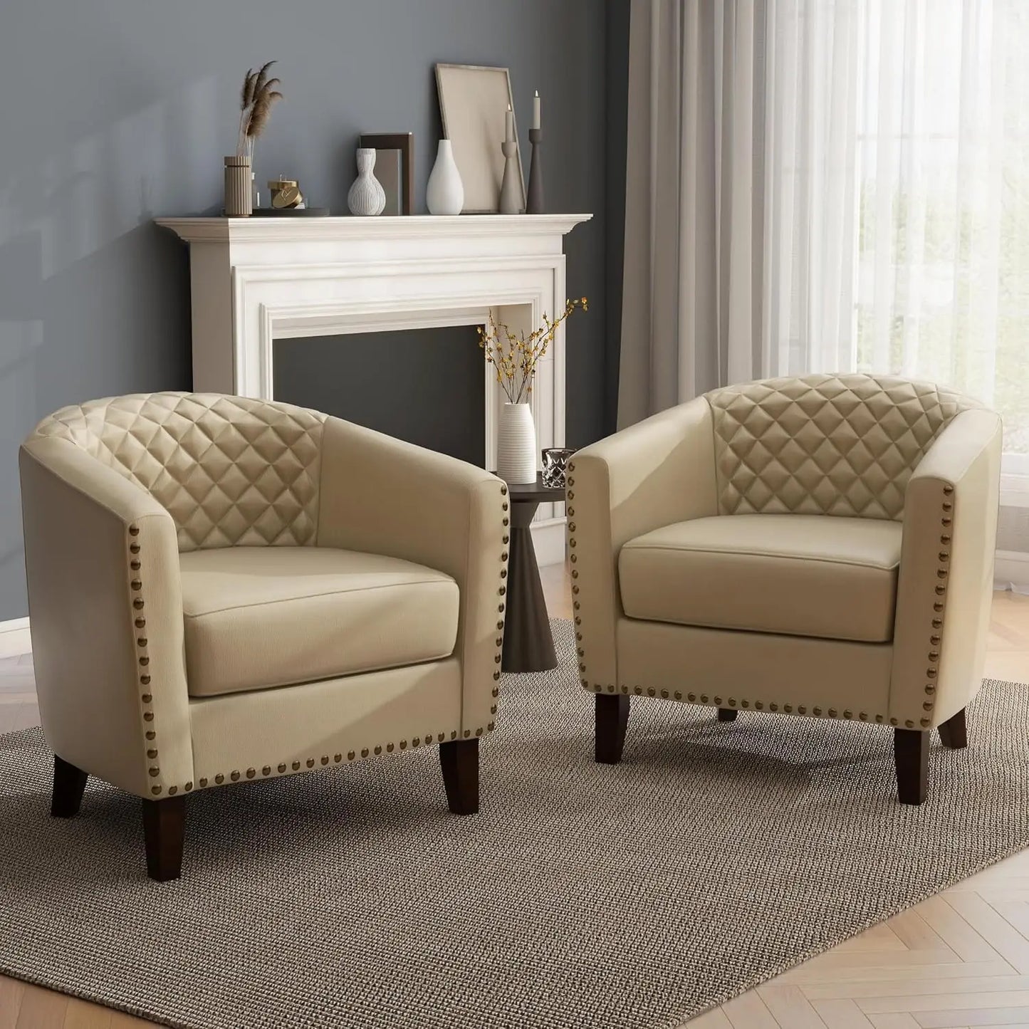 Faux Leather Barrel Accent Chairs Set of 2, Round Club Chair Modern Upholstered Armchair for Living Room, Comfy Nailed Trim Arm