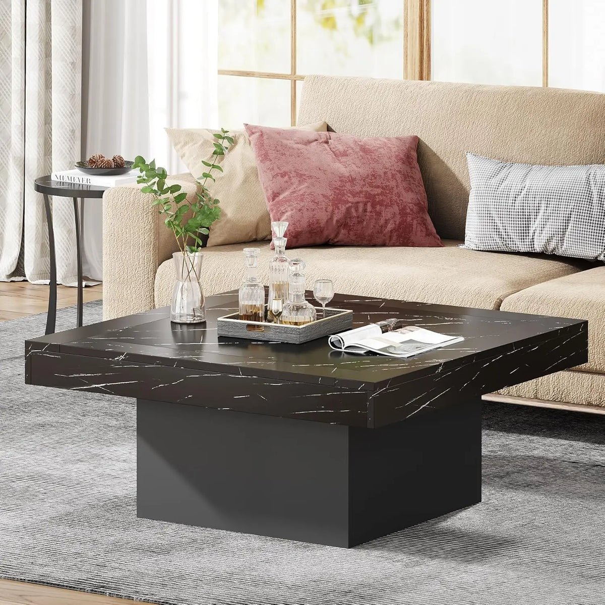 Tribesigns Coffee Table Square LED Coffee Table Engineered Wood Low Coffee Table for Living Room Rustic Brown & Black