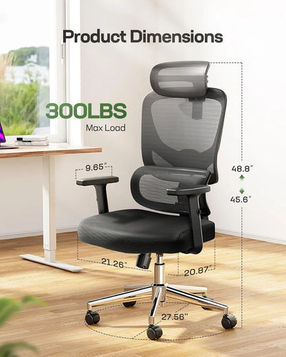 Ergonomic Office Chair with Adjustable Lumbar Support, Breathable Mesh Seat, Height and Armrest Adjustments, Black