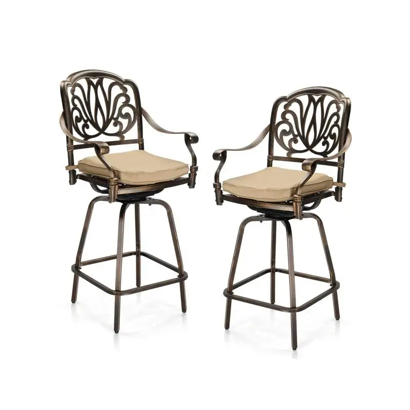 Outdoor Swivel Bar Stools Set of 2, Cast Aluminum Patio Bar Height Chairs, All-Weather Swivel Dining Chairs for Outdoor
