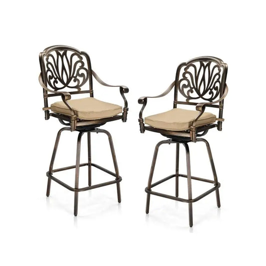 Outdoor Swivel Bar Stools Set of 2, Cast Aluminum Patio Bar Height Chairs, All-Weather Swivel Dining Chairs for Outdoor