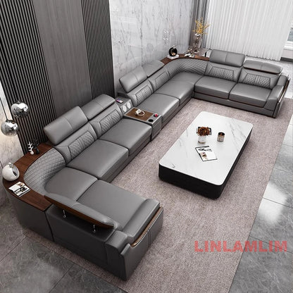 Modern U-Shaped Sectional Sofa Set with Chaise Lounge, Genuine Leather Couch with Storage Table, USB – Big Living Room Furniture