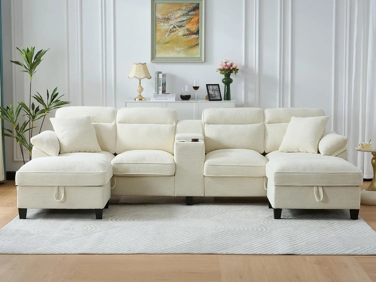 117 Inch Sofa Couch,Sectional Couches for Living Room with 2 Cup Holders,Corduroy Modular Sectional Sofa with Movable