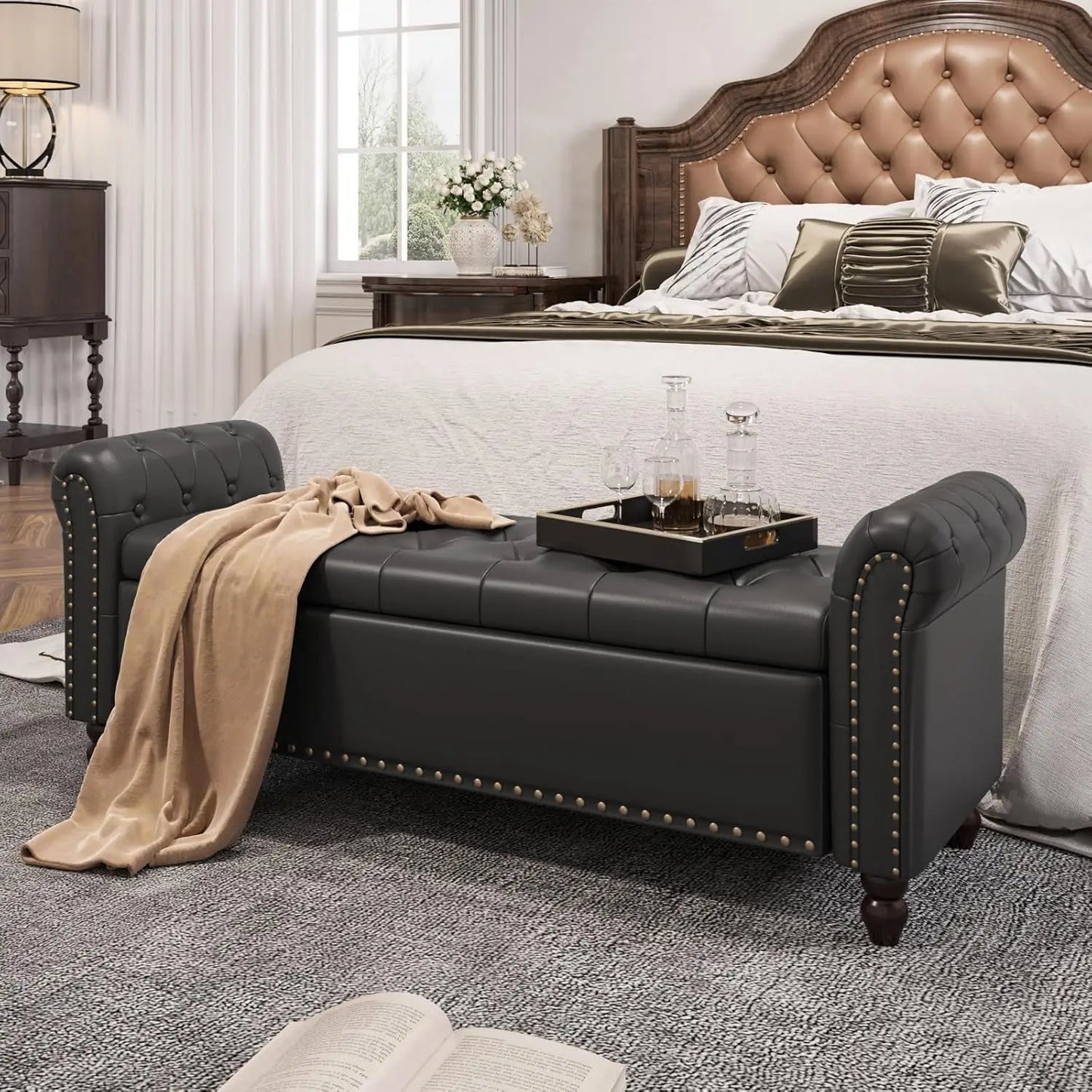 Bedroom Bench, End of Bed Bench with Storage, 55-Inch Bed Benches for Foot of Bed, Faux Leather Window Bench