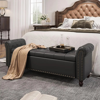 Bedroom Bench, End of Bed Bench with Storage, 55-Inch Bed Benches for Foot of Bed, Faux Leather Window Bench