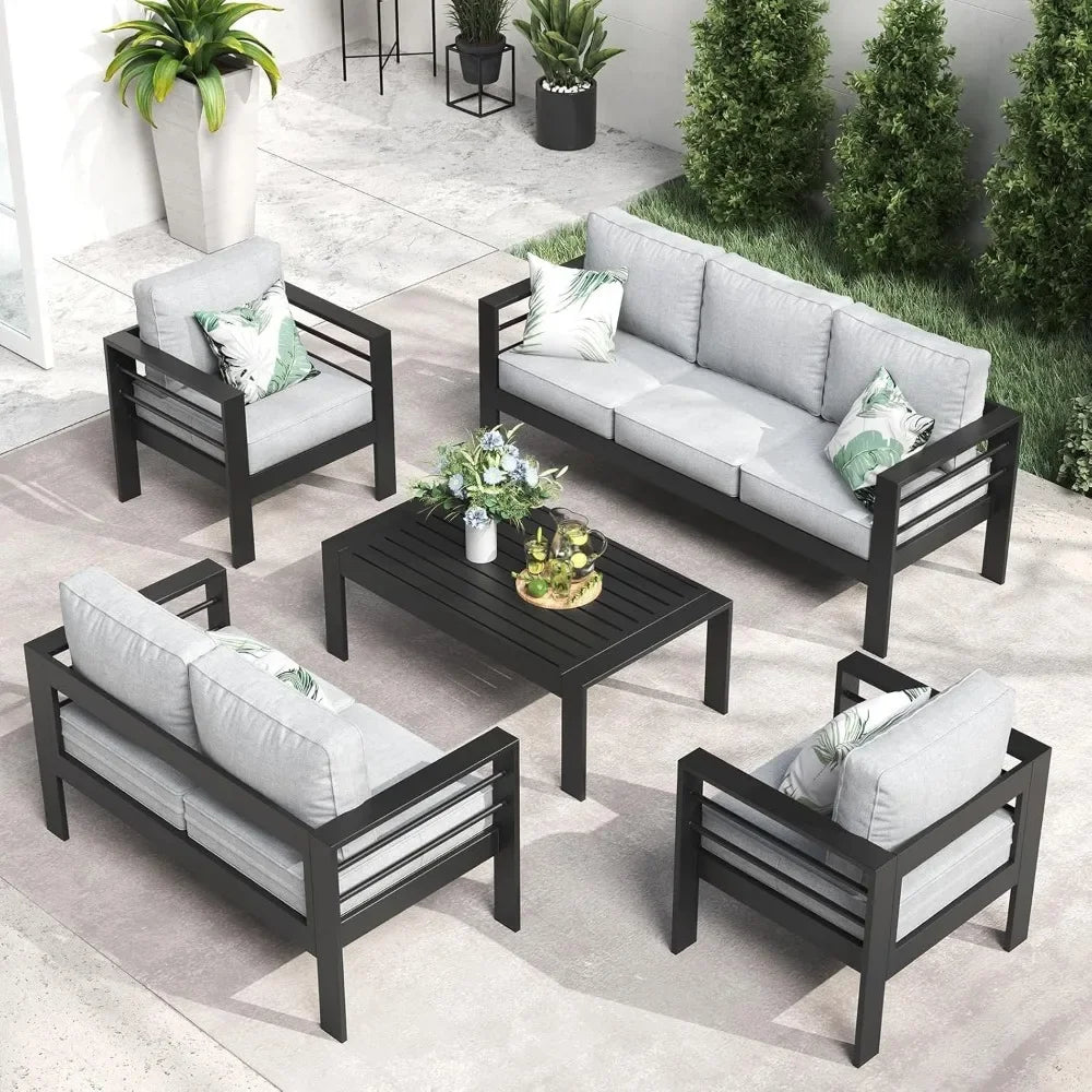 Garden Furniture Set, 5 Pieces Patio Outdoor Aluminum Sectional Conversation, Chat Sofa Modern Seating Set with Coffee Table