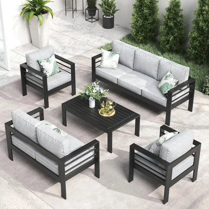 Garden Furniture Set, 5 Pieces Patio Outdoor Aluminum Sectional Conversation, Chat Sofa Modern Seating Set with Coffee Table