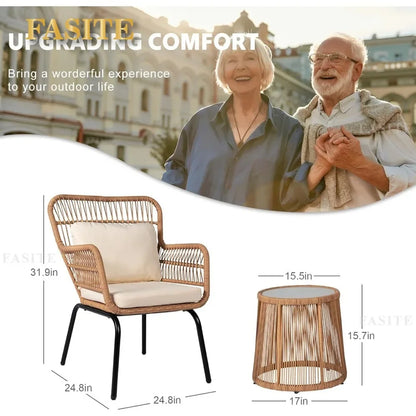 3 Piece Outdoor Wicker Furniture Bistro Set, Rattan Chairs Conversation Porch