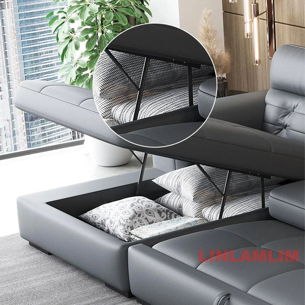 MANBAS Sectional Sofa Bed with Storage, Genuine Leather Reclining Couch, Space-Saving Convertible Sleeper Sofa for Living Room