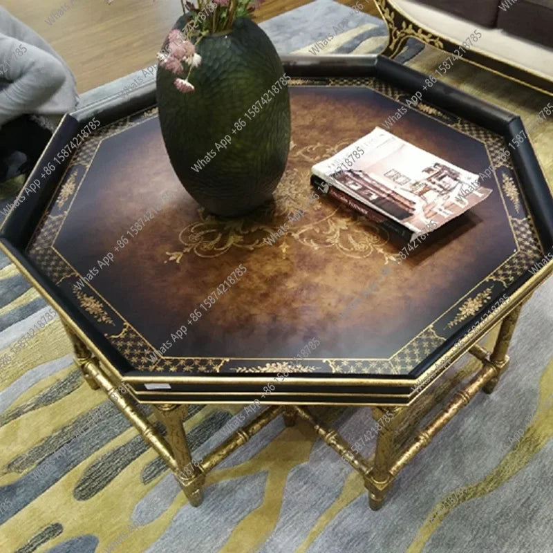 Xx French European Style Country Style Sticker Gold Foil Hand Painted Dark Black Brown Octagonal Tray Shape Coffee Table