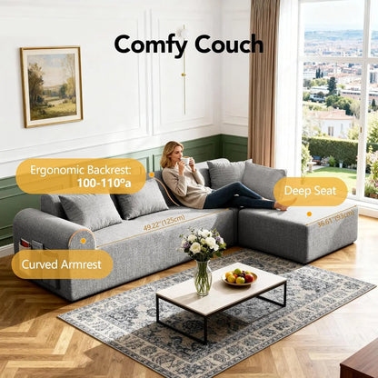 105.5" Cloud Boneless Sectional Sofa for Living Room, 4-Seater L-Shaped Comfy Couch with Ottoman, 4 Pillows, Deep, Customized