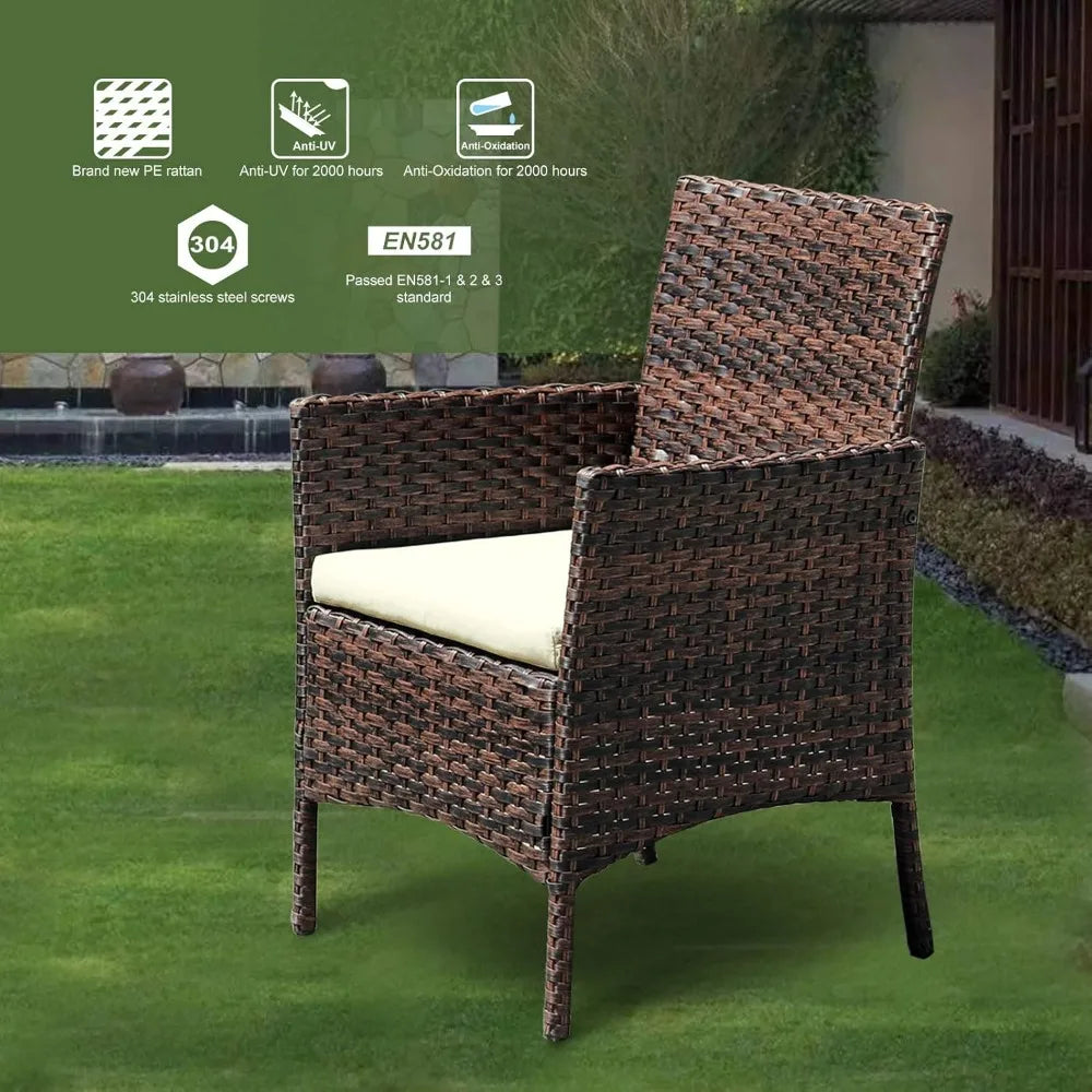 3 Piece Outdoor Rattan Patio Porch Furniture Sets,Wicker Chairs with Table,Garden Lawn Pool,Brown