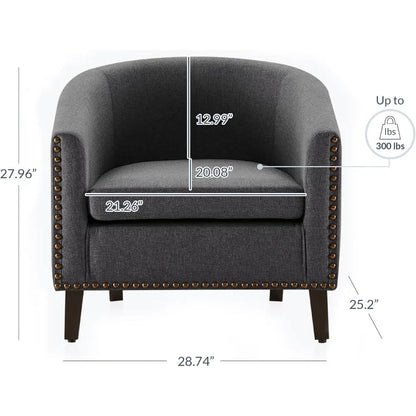Modern Tub Club Chair, Upholstered Armchair with Gold Nail Head Trim and Black Legs for Living Room