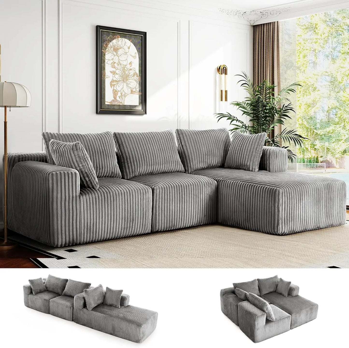 102" L-Shaped Modular Sectional Sofa Bed No Assembly Required Boneless Couch with Chaise Lounger Compression Memory Foam Cloud