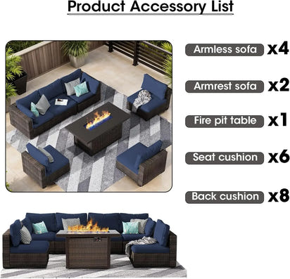 7 Piece Patio Furniture Set with  Fire Pit Table Outdoor Sectional Conversation Sofa Set with Coffee Table