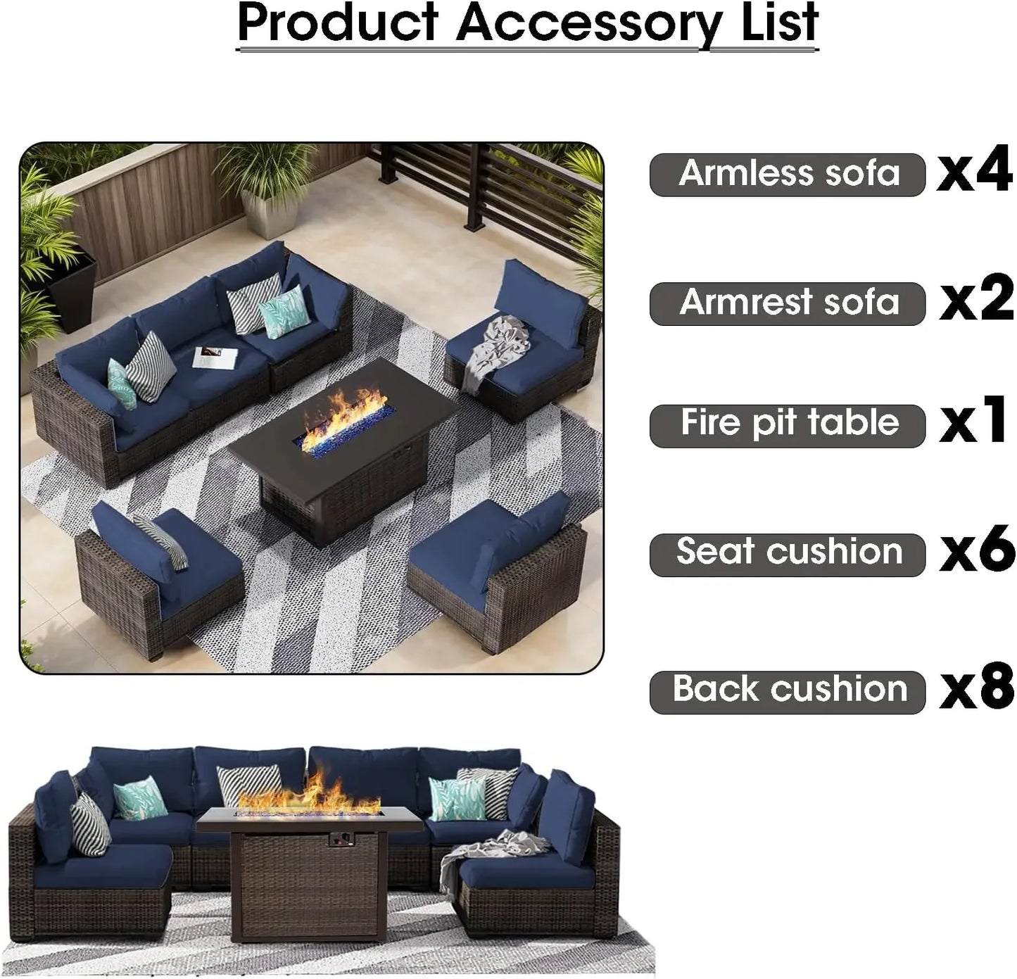 7 Piece Patio Furniture Set with  Fire Pit Table Outdoor Sectional Conversation Sofa Set with Coffee Table