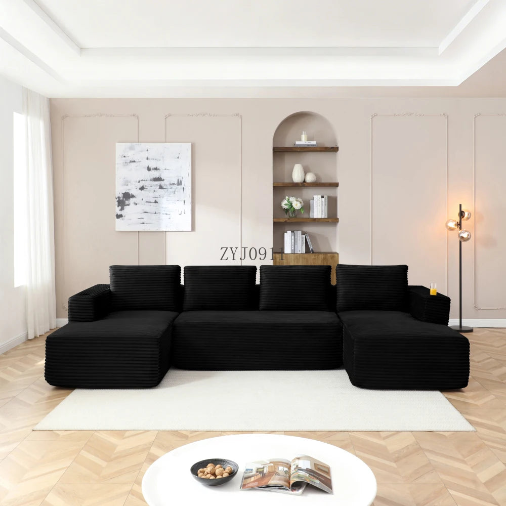 132-Inch boneless sofa, modern corduroy U-shaped modular section sofa, comfortable sofa with cup holder