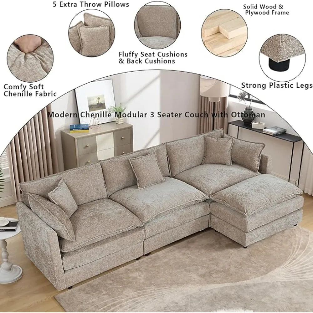 112.2" L-Shaped Cloud Couches | Deep 3 Seater Couch with Ottoman | Soft Chenille Cloud Sofa for Cozy Living Room
