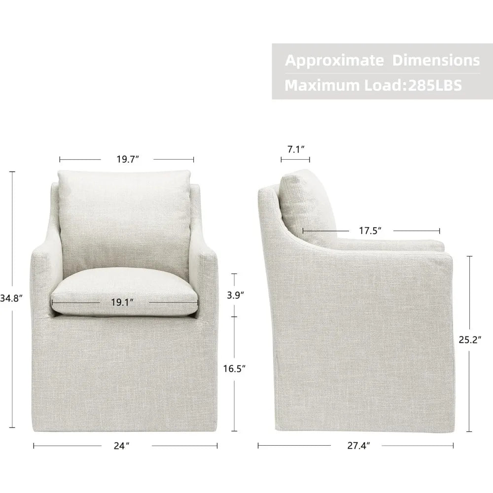 Linen Fabric Dining Chair, Living Room Accent Seat, Caster-Equipped Single Sofa, Bedroom Upholstered Armchair