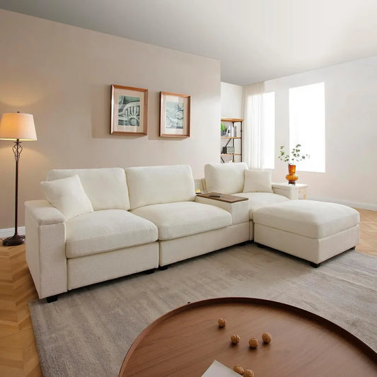 120.3" Modern L-Shaped Sectional Sofa with 360°Swivel Drop-Down Table, Storage Armrest, USB Ports & Movable Storage Ottoman – Pl