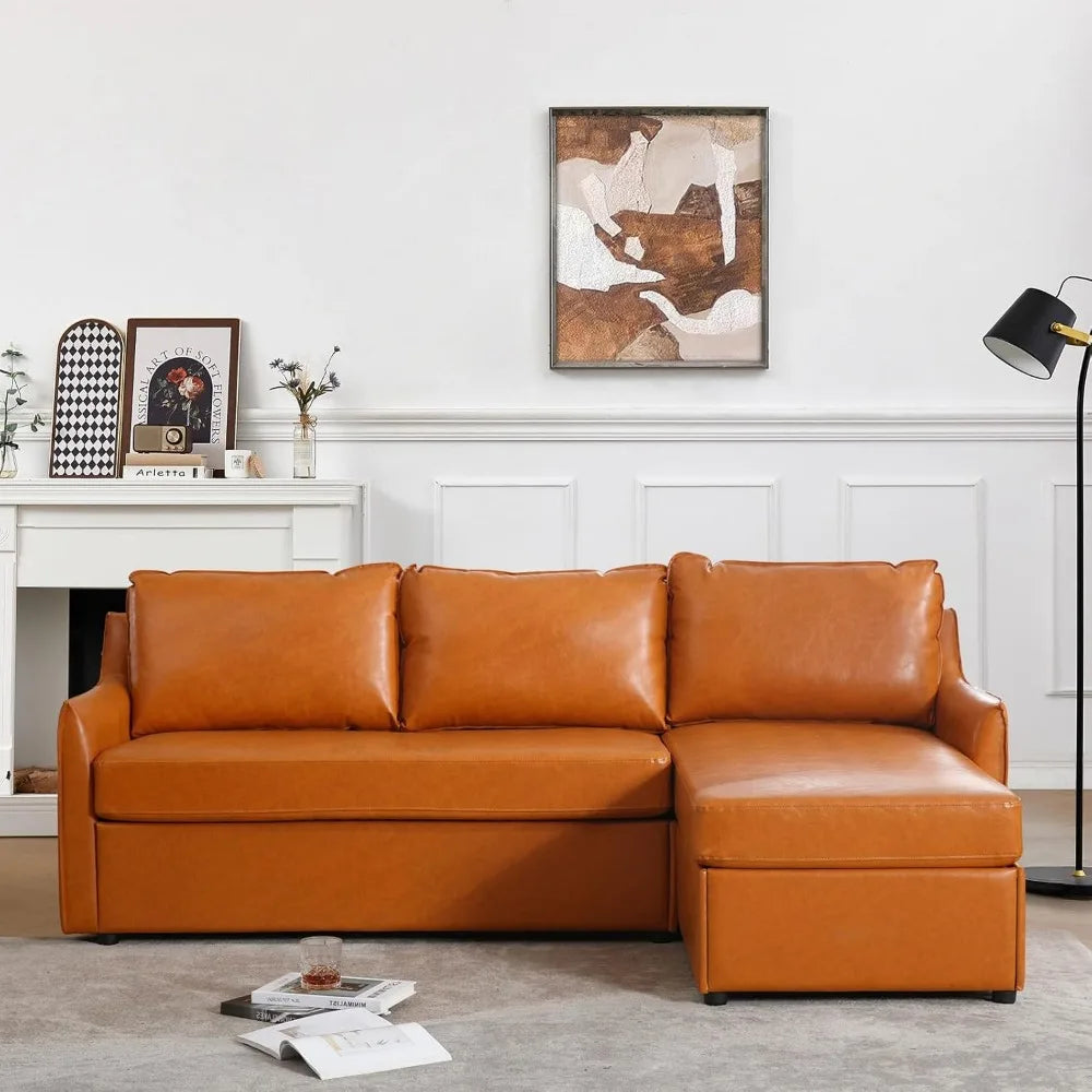 L-Shaped Faux Leather Sectional Sofa with Reversible Chaise, 80.7 Inches Long, Comfortable Mid-Century Modern Living Room Furnit