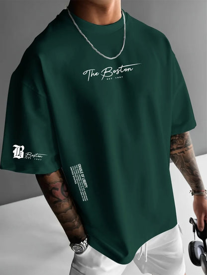 New men's polyester fabric casual comfortable breathable round neck T-shirt with letter pattern suitable for outdoor sports