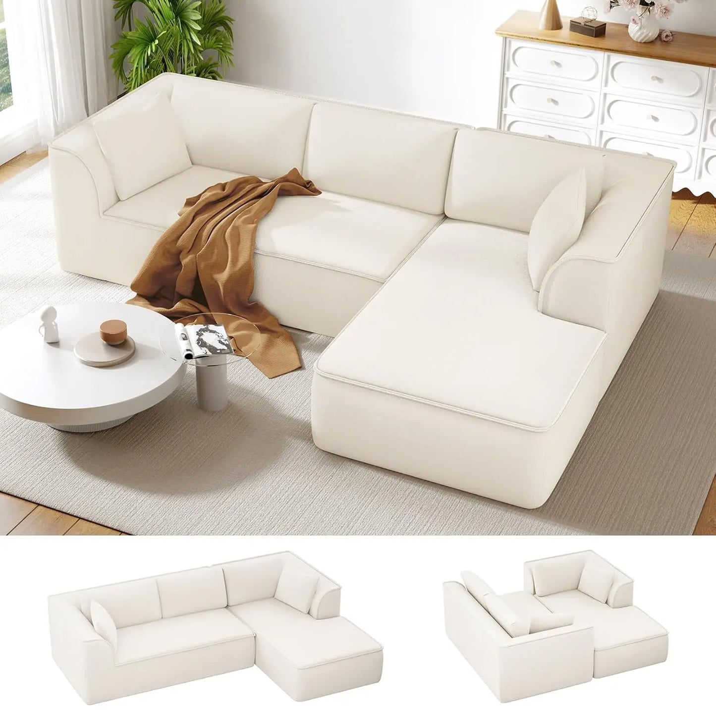 106" Cloud Couch with Chaise, Deep Seat Fluffy Modular Sectional Sofa Corduroy Memory Foam Boneless Couches for Living Room