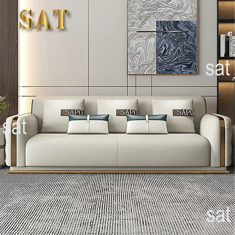 Luxury Modern Leather Couch Living Room High End Chesterfield Sofa Set Furniture With Gold Stainless Steel Decoration Villa Sofa