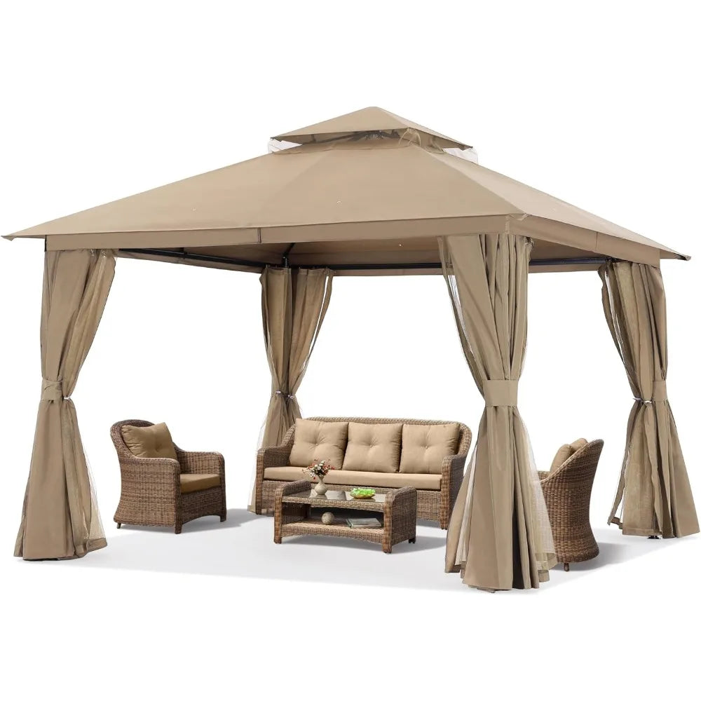 Outdoor Patio Gazebo 11x13 - Double Roof Canopy with Mosquito Netting and Curtain for Backyard, Deck, Garden, Lawn, Khaki