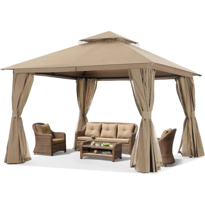 Outdoor Patio Gazebo 11x13 - Double Roof Canopy with Mosquito Netting and Curtain for Backyard, Deck, Garden, Lawn, Khaki