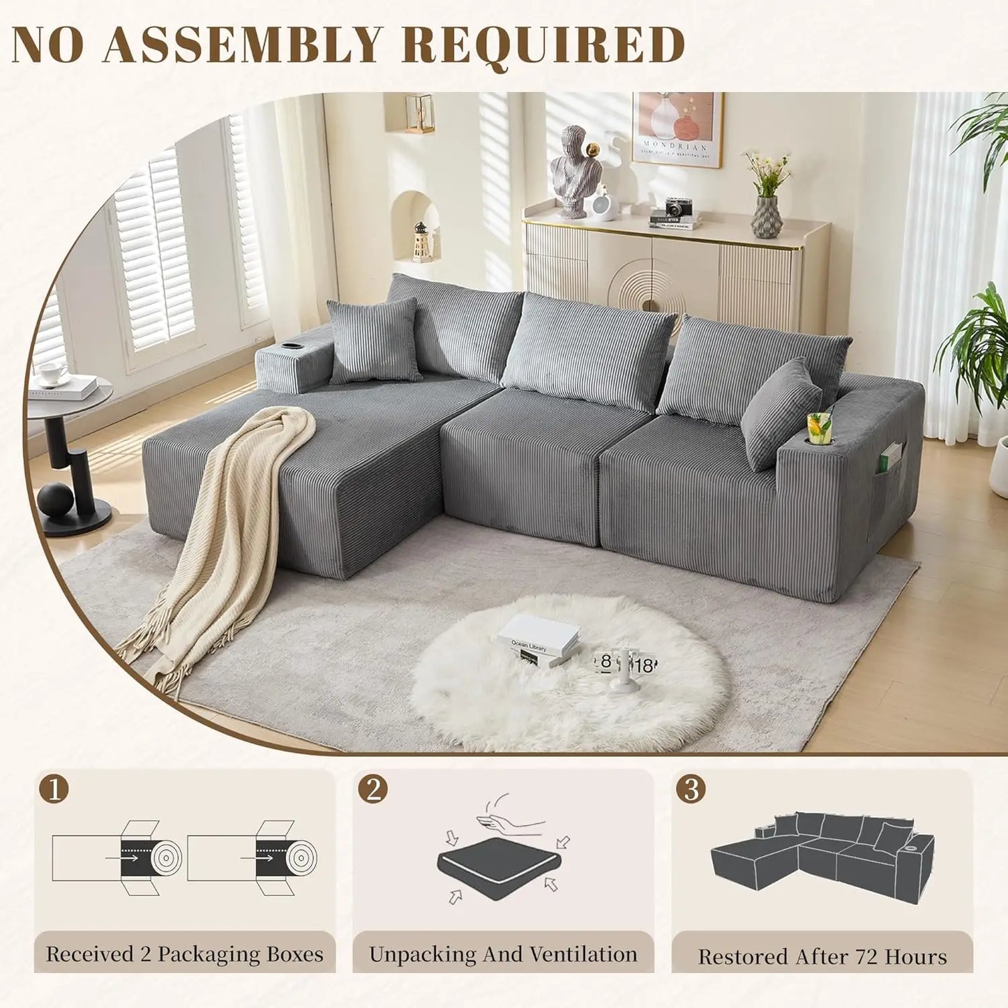 107" Cloud Sectional Couch, Modular Sectional Sofa with L-Shape Chaise, Corduroy Boneless Couch with Deep Seat, Upholstered Sofa
