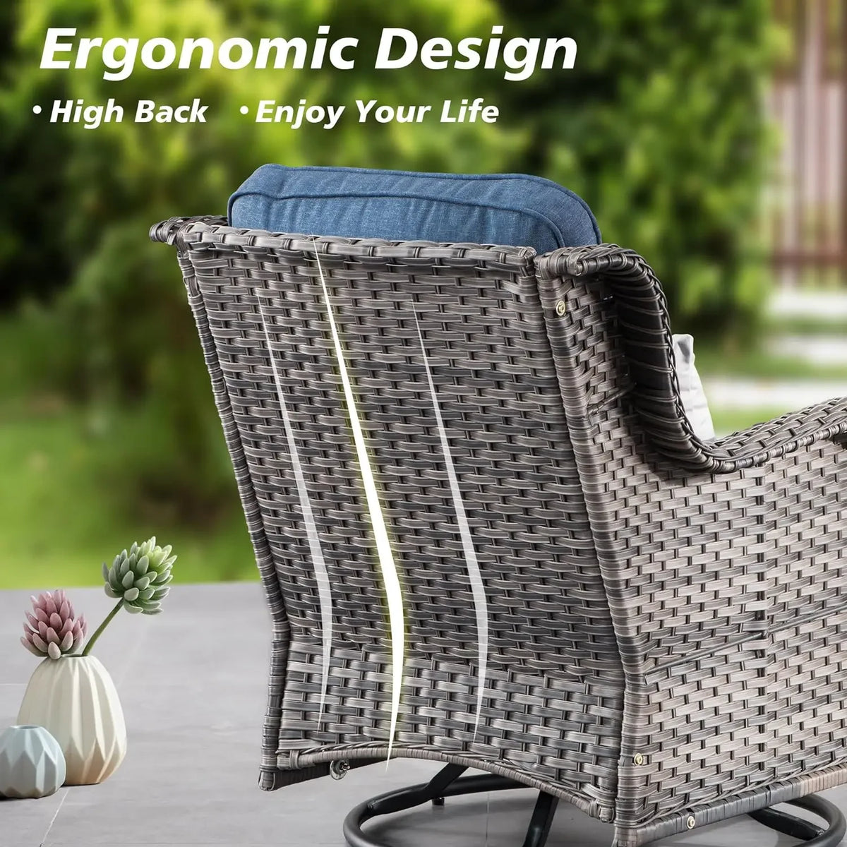 50,000 BTU Rectangular Propane Fire Pit Table 7-Piece High-Back Conversation Sofa and Matching Side Table,Grey Rattan Denim Blue