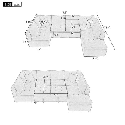 117.3" U-Shaped Oversized Sectional Sofa Couch with Pull-out Bed & 2 Pillows for Living Room, Gray Color
