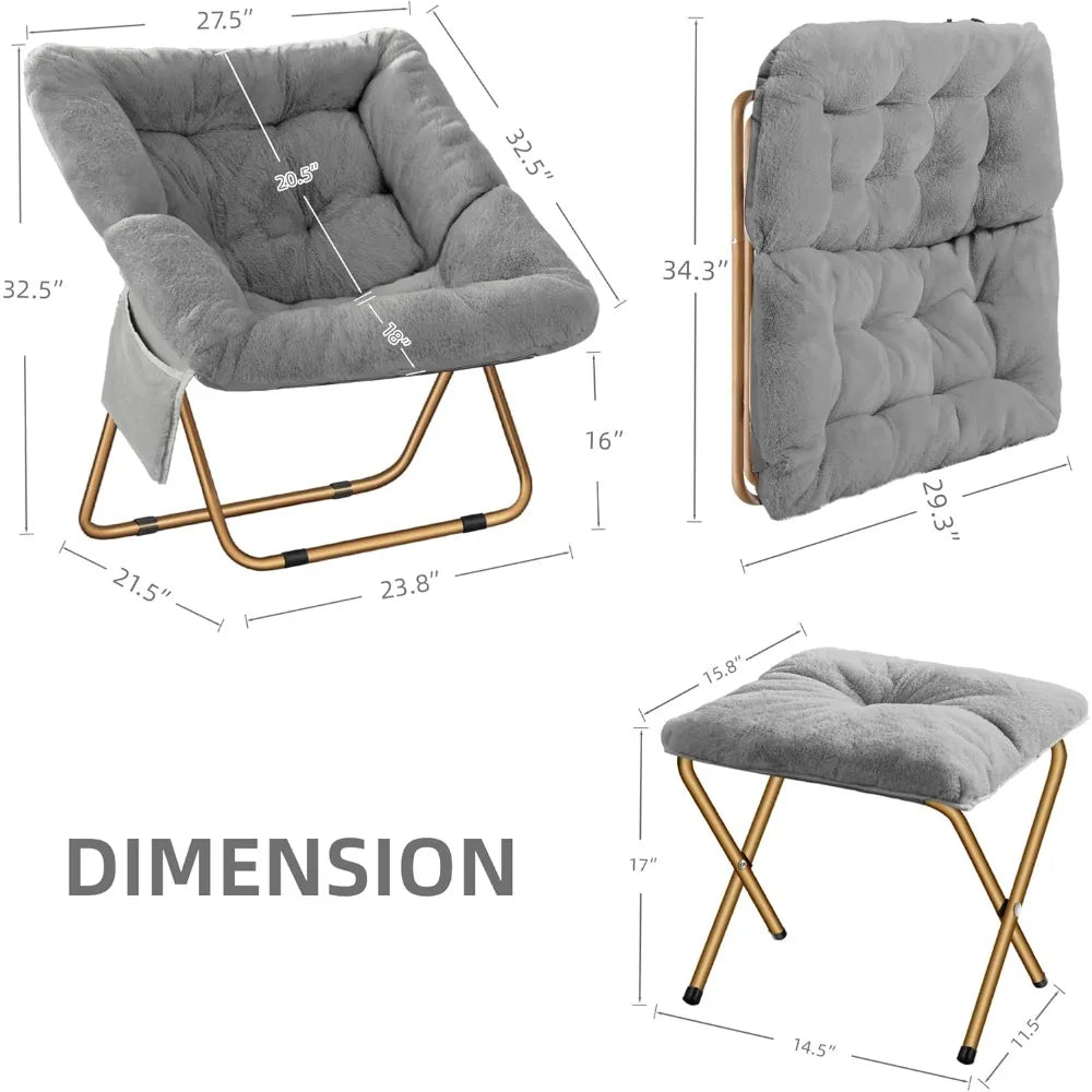 Comfy Saucer Chair, Foldable Living Room Chairs, Soft Faux Fur Lounge Chair For Bedroom, Reading Chairs For Adults