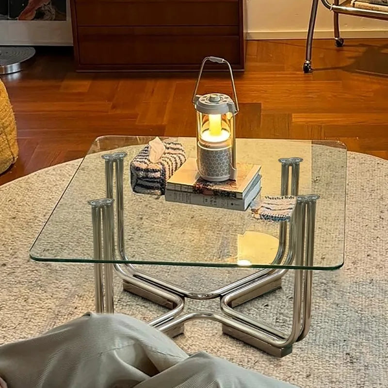 Light Luxury Tea Table Transparent Glass Tea Table Living Room Sofa Side Table Low Tea Tables Stainless Steel Square Side Tables