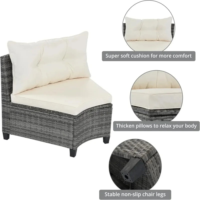 8-Piece Outdoor Patio Conversation Set, PE Rattan Wicker Half-Moon Sectional Sofa, All-Weather Seating for Gardens and Patios