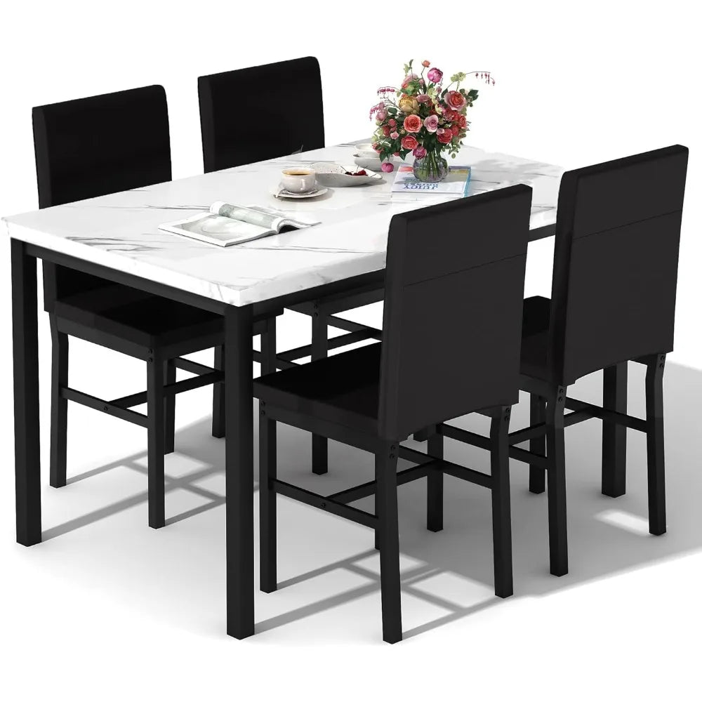 DKLGG Dining Table Set for 4, Modern Kitchen & Dining Room Sets Faux Marble Table with 4 Leather Chairs for Small Space, Home Ki