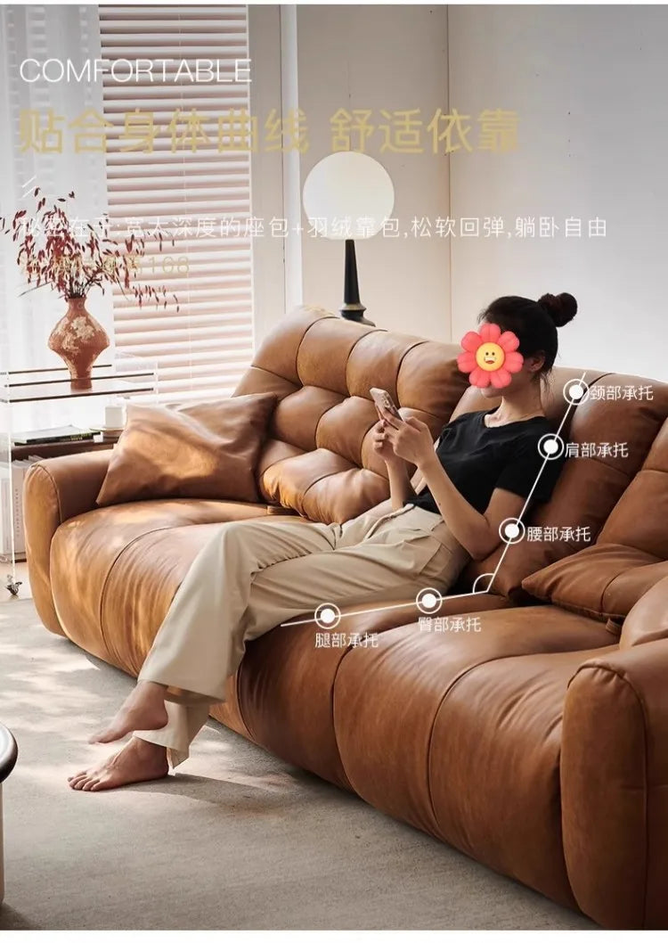 Retro oil wax leather sofa, small apartment living room straight row sofa, large sitting depth movable backrest medium ancient