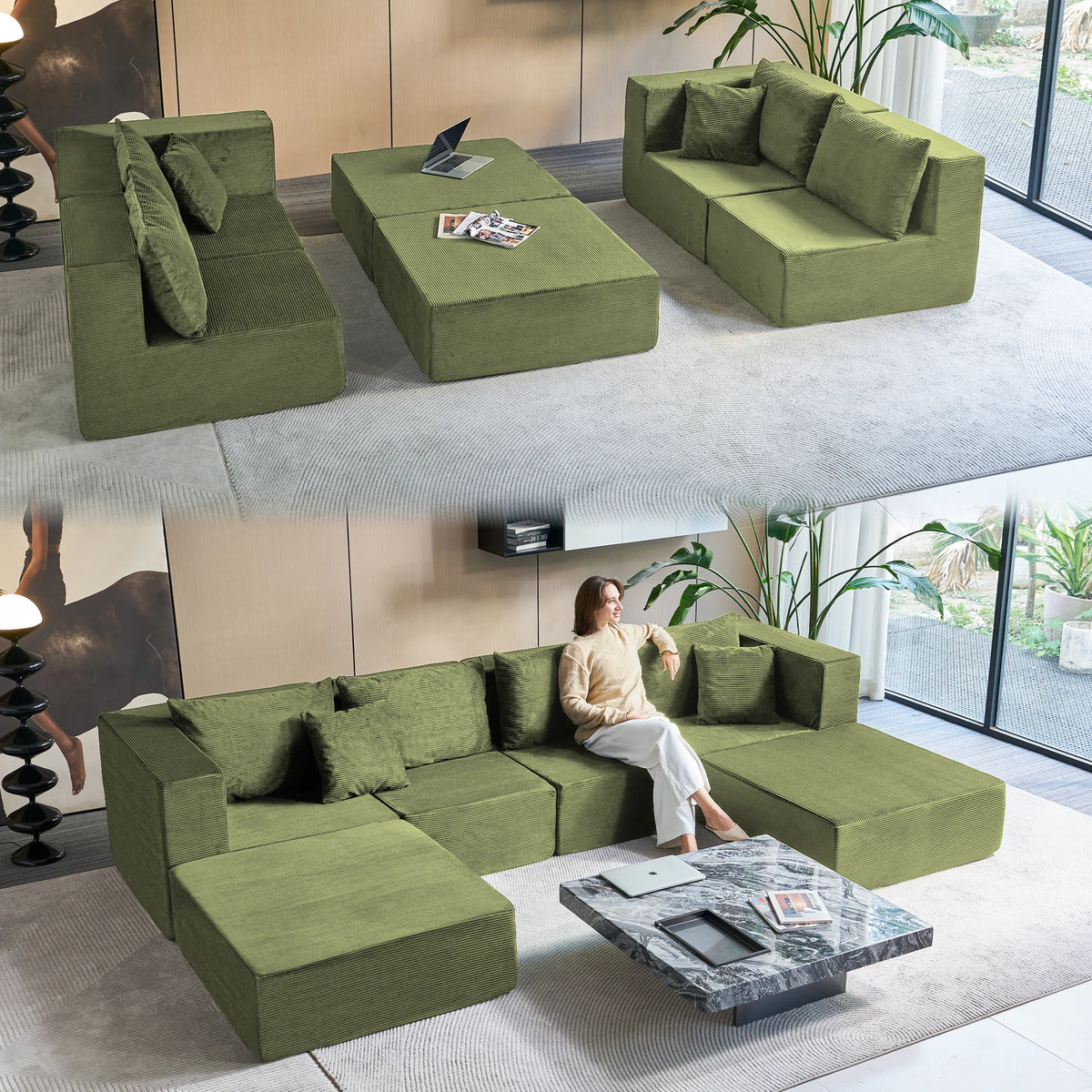Modular Sectional Sofa Couches Corduroy Sleeper Deep Seat Sofa Bed, Comfy Cloud Couch for Living Room Floor Sofa, 6 Piece F