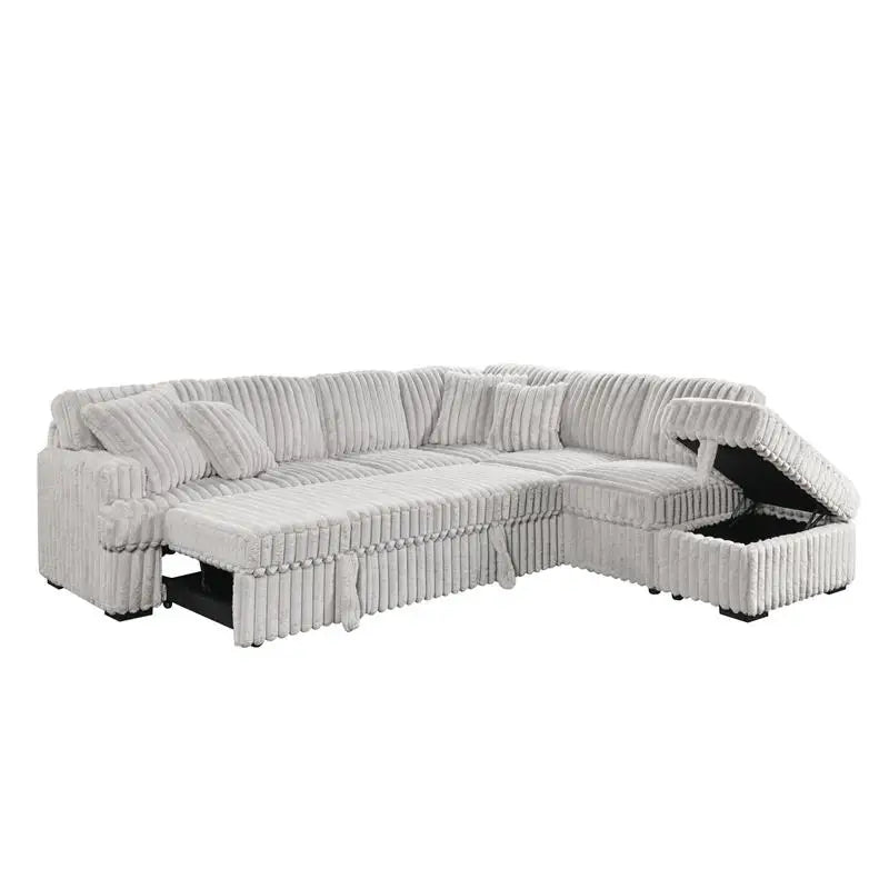 Gray Corduroy L-Shaped Sleeper Sofa Bed with Storage Ottoman Sectional Couch for Living Room, Fold-Out Bed and Seating Solution