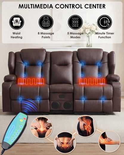 Redlife Loveseat Recliner Sofa with Console,Manual Pull Reclining Couch,Heating & Massage,USB & Power Outlet,Home Theater&RV