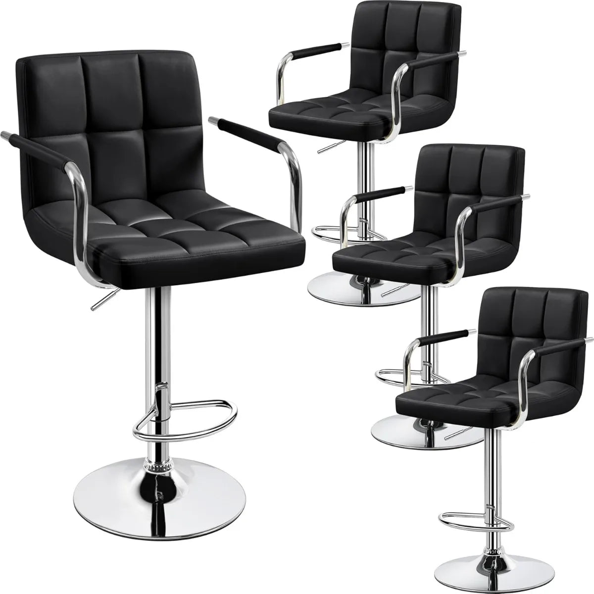 Lot de 2 tabourets de bar pivotants réglables, hauteur de comptoir hydraulique avec accoudoirs et dossier, cuir PU pour cuisine et bar, blanc