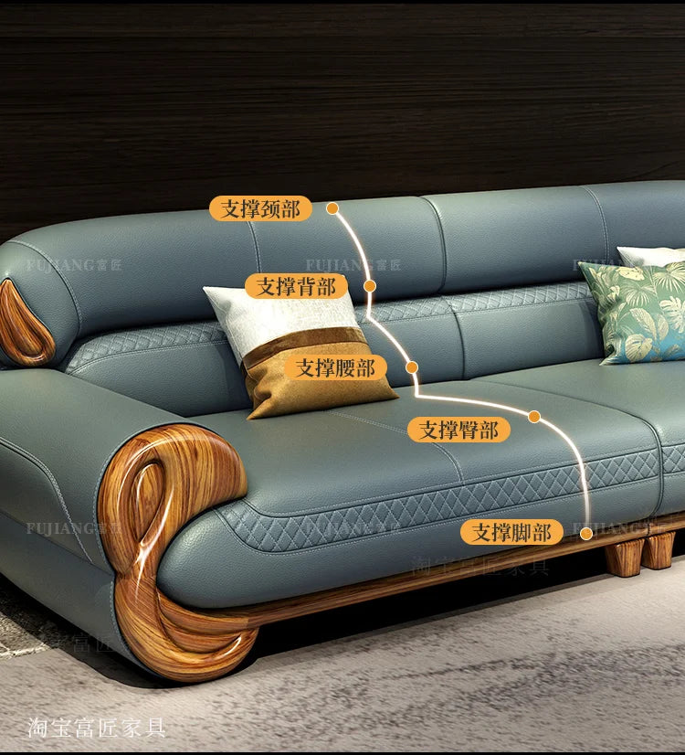 Ebony leather sofa living room new Chinese villa modern light luxury high-end sofa combination